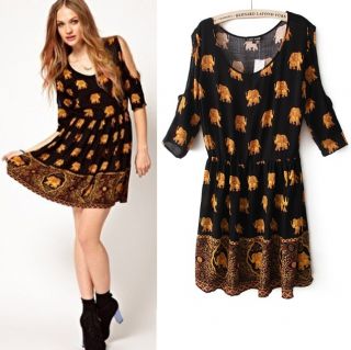 New Womens Fashion Gold Elephant Print Retro Short Sleeve Dress Black B1036
