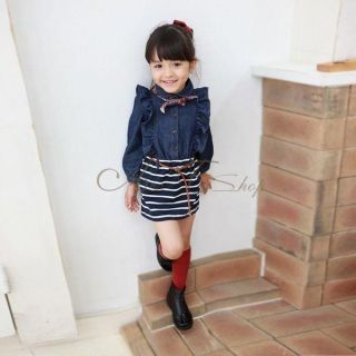 Girl Kids Ruffle Shoulder Denim Top Striped Pageant Dress Skirt Tutu Sz 2 7