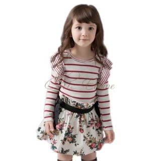 Girl Ruffle Striped Top Dress Floral Flower Party Skirt Kids Baby Autumn Clothes