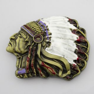 New Native American Indian Chief Head Men Metal Belt Buckle Copper White Leather