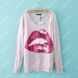 Womens Girls Fashion Loose Crewneck Mouth Lip Sequins Long Sleeve Sweaters B2937
