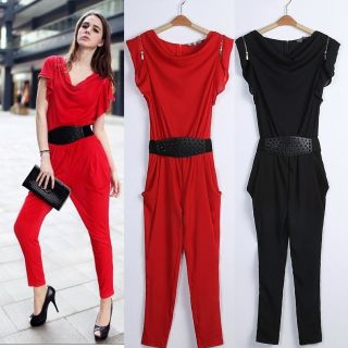New Womens Fashion Loose Short Sleeve Zip Belt Jumpsuits Rompers 2 Colors B1408