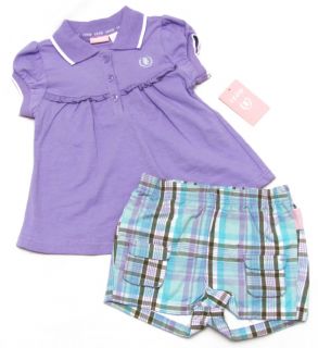 IZOD Baby Girls 24 mos Purple Polo Shirt Plaid Shorts Set