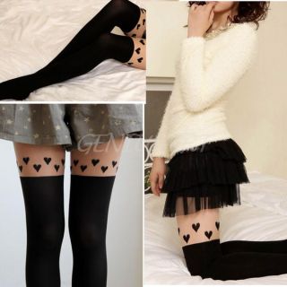 Black Leggings Japan Loving Heart Knee High Length Socks Tattoo Pantyhose Tights