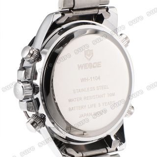Stainless Steel Black LED Light Digital Analog Stopwatch Alarm Light Wrist Watch