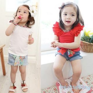 Girls Outfits Toddlers Kids Ruffled Sleeves T Shirt Bow Knot Jeans Pants 1 6Y