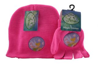 Disney Fairies Tinkerbell Winter Beanie Knit Hat Gloves Set Pink