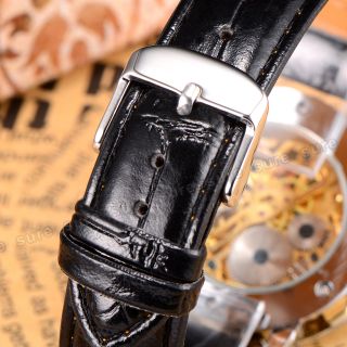 Luxury Black Leather Gold Analogue Hand Winding Mechanical Wristwatch Gift