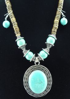 Fashion Howlite Turquoise Bead Tibet Silver Wood Coin Pendant Necklace Ring Hot