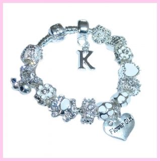 Girls Childrens Luxury Initial Charm Bracelet Personalise Ice White Silver Boxed