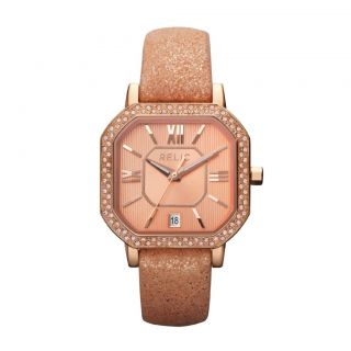 Relic by Fossil Auburn Rose Gold Tone Leather Date Crystal Watch ZR34181 New