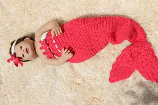 Handmade Crochet Mermaid Tail Headband Newborn Baby Photo Prop Watermelon Red