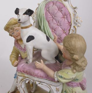 Antique Ornate German Porcelain Figures Statue Gold Boy Girl Dog Chair Yqz