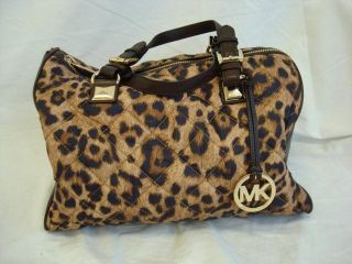 Michael Kors Grayson Leopard Brown Satchel Quilted Nylon Handbag Purse Women