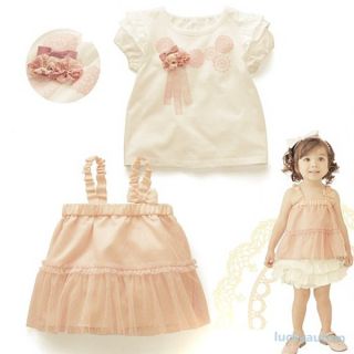 Baby Girls Kids Ruffle Shirts Tops Lace Dress Straps Tops 2 Pcs Outfits Set 0 3Y