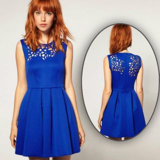 New Womens European Fashion Lace Carved Hollow Sleeveless Mini Dress Blue B1045