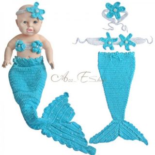 3pcs Newborn Baby Girl Pearls Mermaid Tail Costume Outfit Crochet Knit Props New