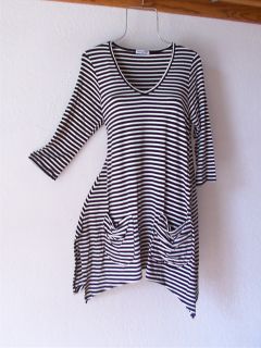 New Cha Cha Vente Long Black White Stripe Tunic Blouse Shirt Top 12 14 L Large