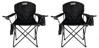 2 Coleman Camping Outdoor Oversized Quad Chairs w Cooler Cup Holder Black