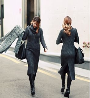 New Autumn Style Long Sleeve Sweater Dress Wool Blend Ankle Length High Collar