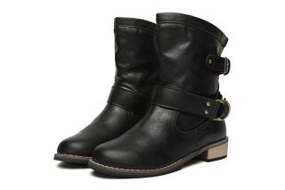 New Lady Autumn Winter Warm Low Heel Mid Calf Strappy Round Toe Boot Shoes Black