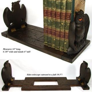 Vintage Black Forest Hand Carved 14" Desk or Writing Table Top Book Rack Owls