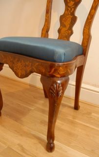 Set 8 English Queen Anne Marquetry Inlay Dining Chairs