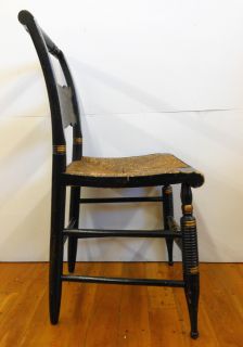 Antique Signed Hitchcock Turtle Back Chair Stencilled Black Gold Rush Seat RARE