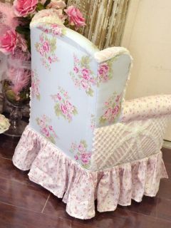 Shabby Cottage Chic Pink and Blue Rose Chenille Mini Slipper Chair Petite Wing