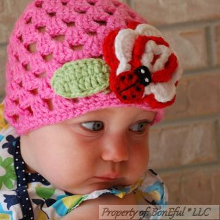 BonEful RTS New Boutique Girl Pink Flower Crochet 18 24 M 2 3 Baby Hat Lady Bug