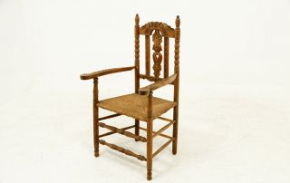 C2111 Antique Scottish Carved Oak Rush Seated Arm Dining Office Chair