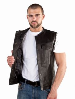Mens 1 2" Collar Naked Leather Motorcycle Biker Vest Gun Firearm Pocket SOA