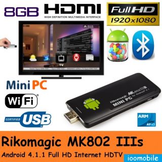Rikomagic 5th MK802 Iiis Bluetooth Dual Core CPU 8GB Android 4 1 1 Mini PC HD TV