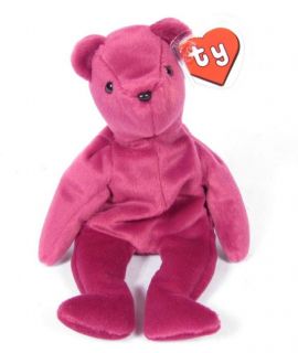 Candy Spelling's Beanie Baby Old Face Magenta Teddy Bear 1993 1st Gen Tush Tag