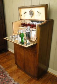 Antique English Art Deco Bar Liquor Martini Cabinet Fitted Walnut Pop Open Key