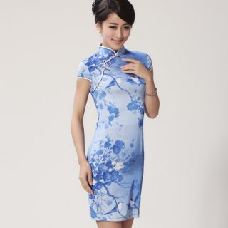 Blue Brown Chinese Women's Silk Mini Dress Cheongsam Size s M L XL XXL
