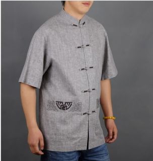 Gray Yellow Chinese Style Men's Kung Fu T Shirt Tops Sz M L XL XXL