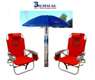 2 Tommy Bahama Backpack Cooler Beach Chairs Red 1 Blue 7' Beach Umbrella New