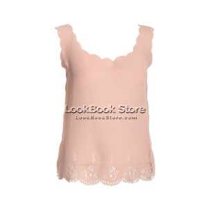Semi Sheer Light Candy Color Floral Cut Out Scalloped Trim Chiffon Tank Top Vest