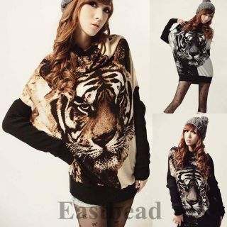New Tiger Printed Batwing Women Knitted Tops Long Sleeve Pullover Sweater Jumper