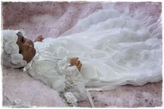 Reborn Baby White French Roses Beaded Lace Gown Dress Bonnet Christening
