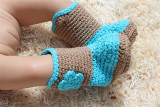 New Handmade Knit Crochet Grey Blue Cowboy Baby Boots Shoes Newborn Photo Prop