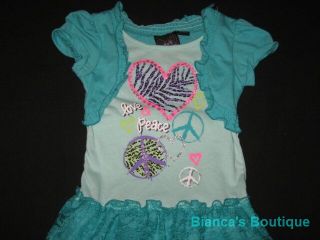 New "Teal Love Peace" Tutu Dress Girls Clothes 5 6 Spring Summer Boutique Kids