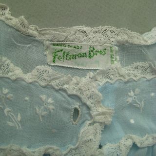 Vintage Feltman Day Gown Slip Dress Blue Handmade Cotton Lace Baby 1950s