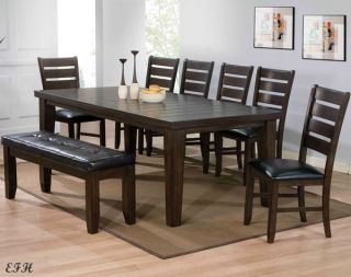 New 8PC Wrangell Espresso Finish Wood Plank Top Dining Table Set w Bench
