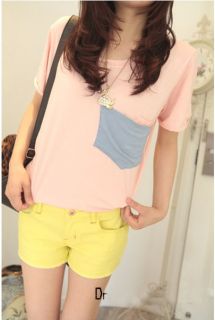 Womens Korean Fashion Candy Pocket Loose Short Sleeve T Shirt 3 Colors E671 TQ