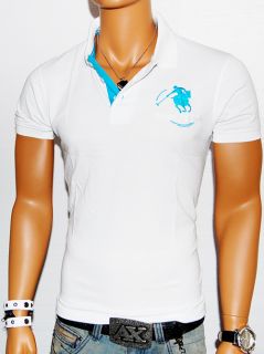 Mens Santa FE Collection White Baby Blue Slim Fit Polo Rugby Shirt Muscle