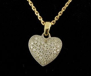 FBM 18K Yellow White Gold Diamond Pave Filigree Heart Pendant Cable Necklace