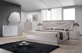 Aliya Queen Size Modern Style Bedroom Furniture White Leather Wood Bed New