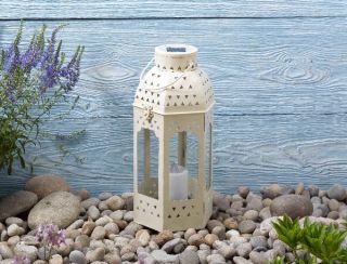 Smart Solar Power Garden Decorative Marrakech Metal Lantern Light in Cream Finis